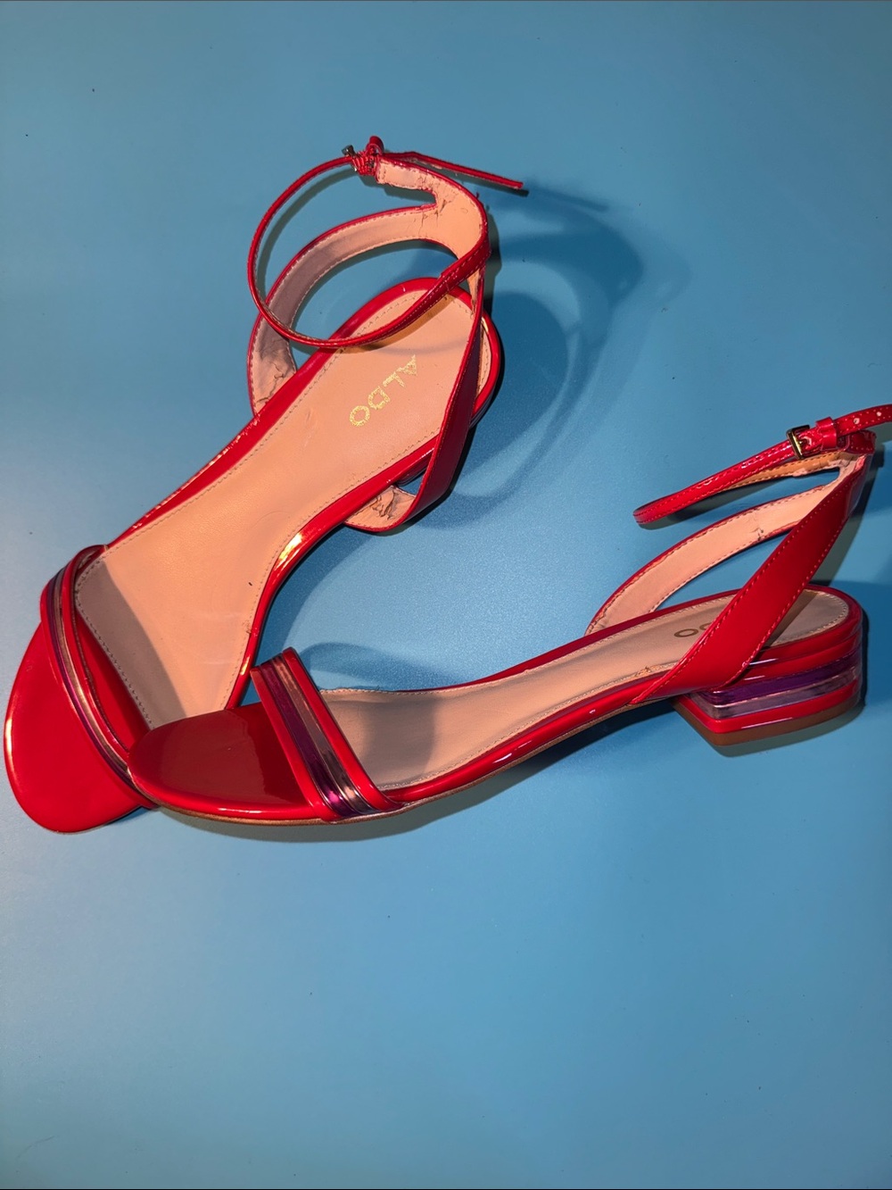 Aldo Women's Vibrant Red and Pink Patent Leather Strappy Sandals Sz 10